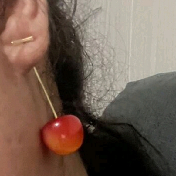 🍒 Cherry On top Cherry  Gold Plated  Stem Drop Earrings OS) 🍒 - Picture 4 of 5